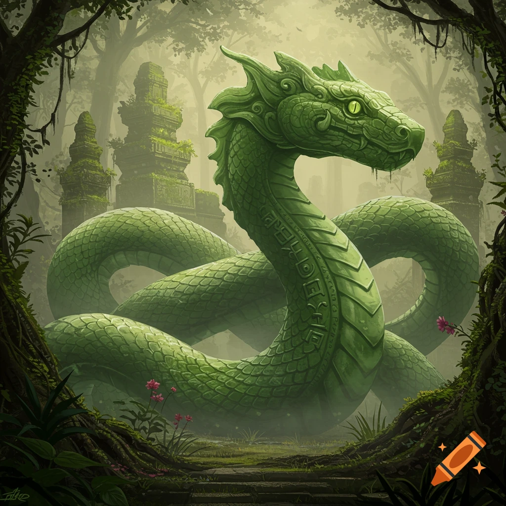 A large, intricate green jade serpent sculpture coils in an overgrown jungle ruin, its head raised, with ancient structures in the misty background.
