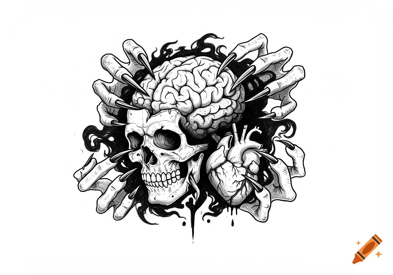 Black and white illustration of a skull, brain, and heart being gripped by clawed hands emerging from dark mist, in a tattoo style.