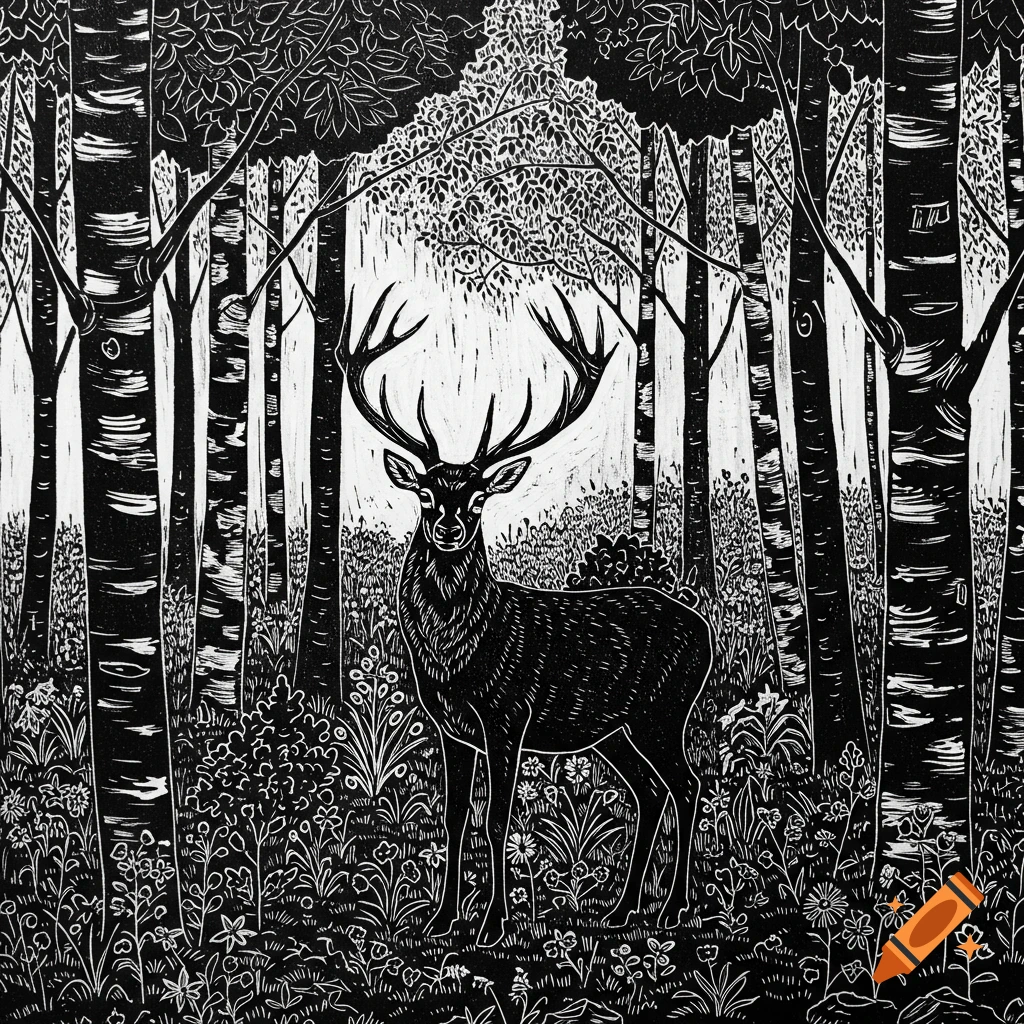 A black and white linocut of a deer with large antlers standing amidst trees and wildflowers in a dense forest.