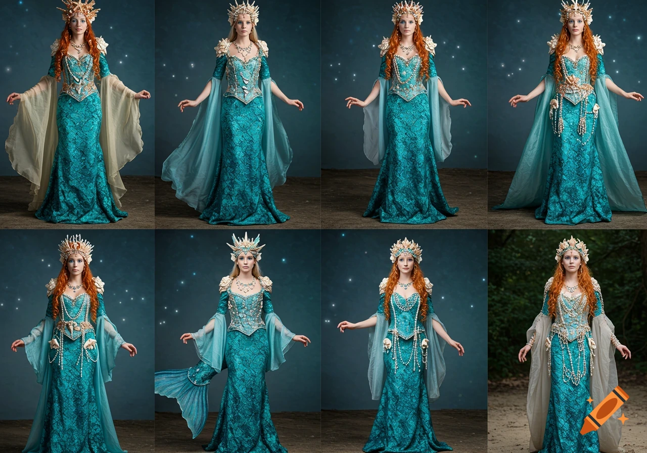 Eight variations of women in elaborate teal and white mermaid/sea goddess costumes with shell and pearl embellishments, some with red hair, some blonde.