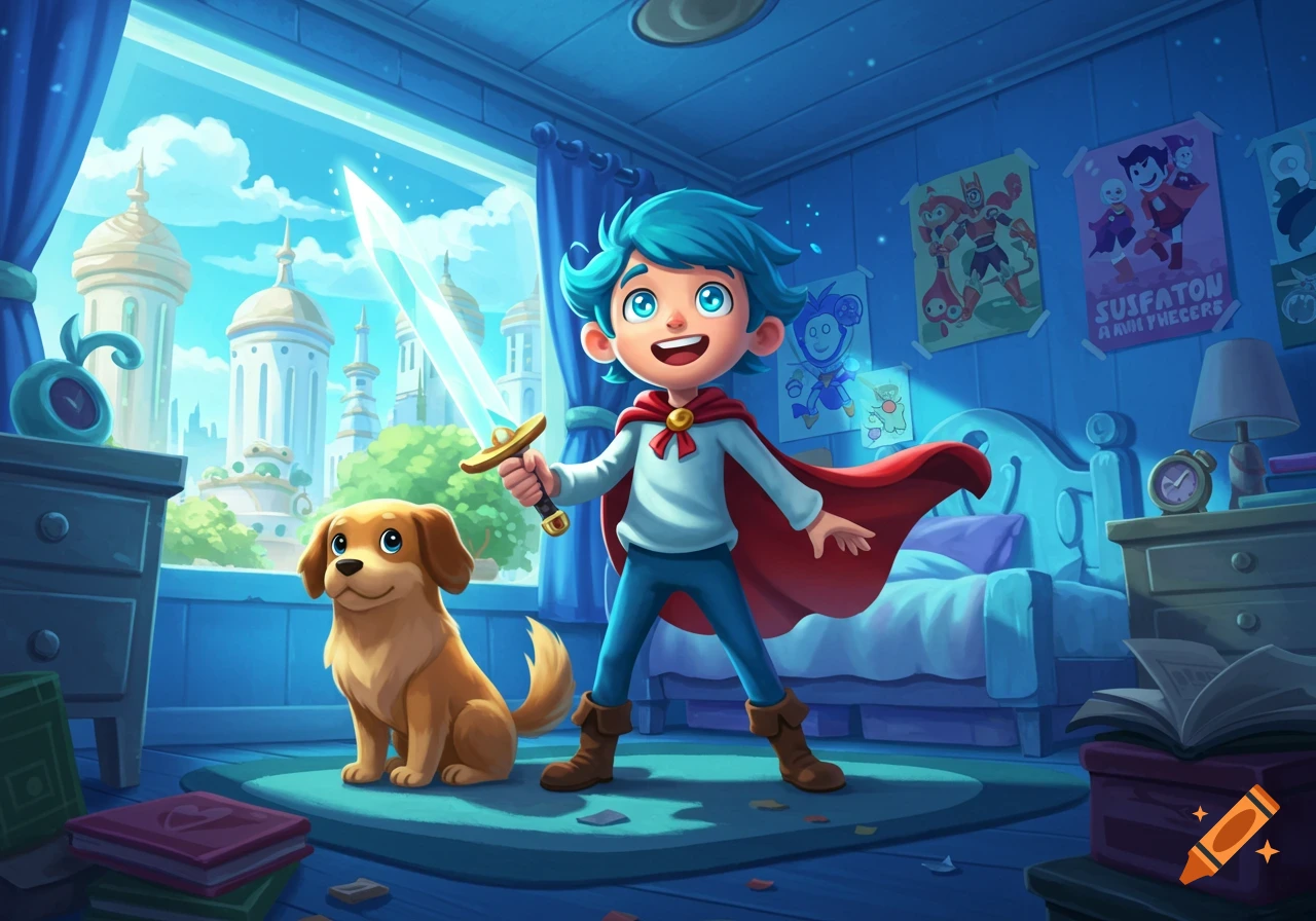 A cartoon boy in a red cape holds a glowing sword next to a brown dog in a blue room with a fantasy city outside the window.