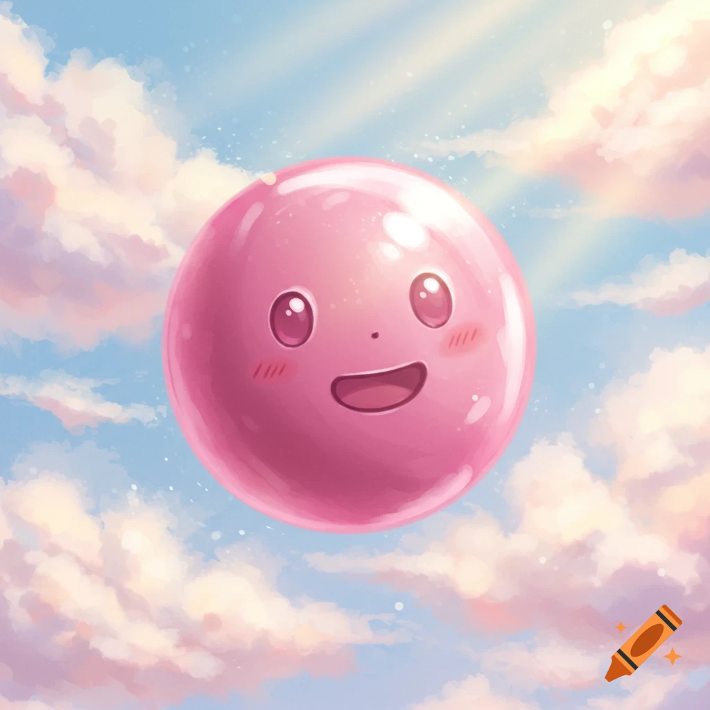 A cute pink smiling ball floats in a blue sky with soft pink and white clouds.