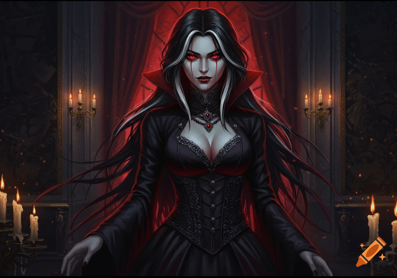 A gothic female vampire with black and white hair, red eyes, and fangs, wearing a black dress in a dimly lit room with candles.