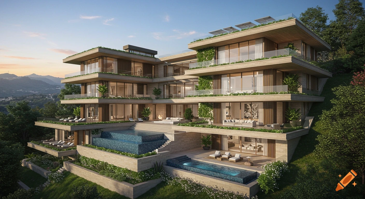 A luxurious, multi-level modern mansion with swimming pools and lush landscaping, built into a hillside at sunset.