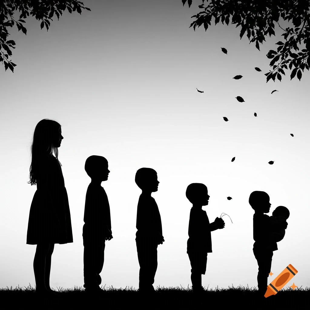 Five children in black and white silhouette, from a young girl to a newborn, stand in a line under a tree with falling leaves.