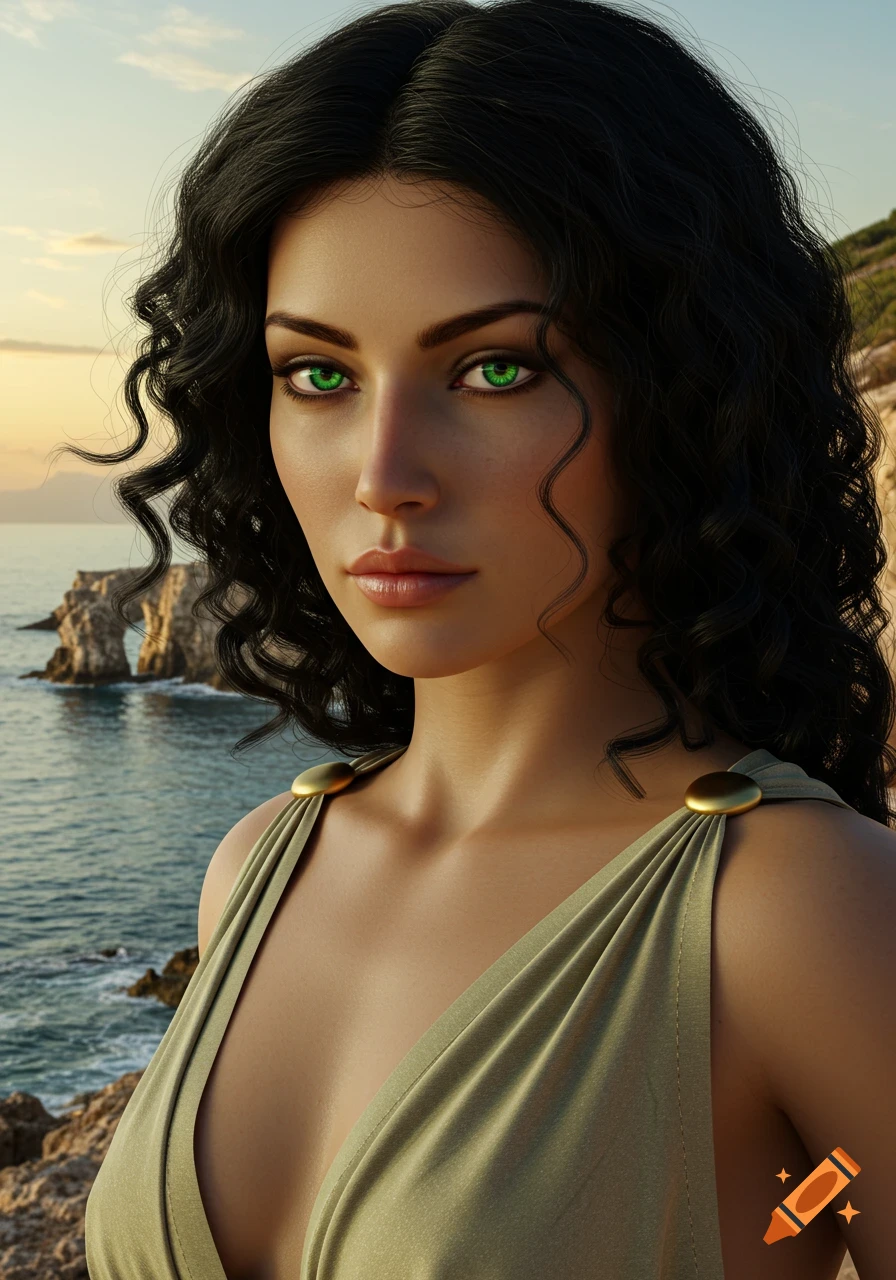 A beautiful woman with long dark curly hair and striking green eyes, wearing a chiton, stands against a seascape at sunset.