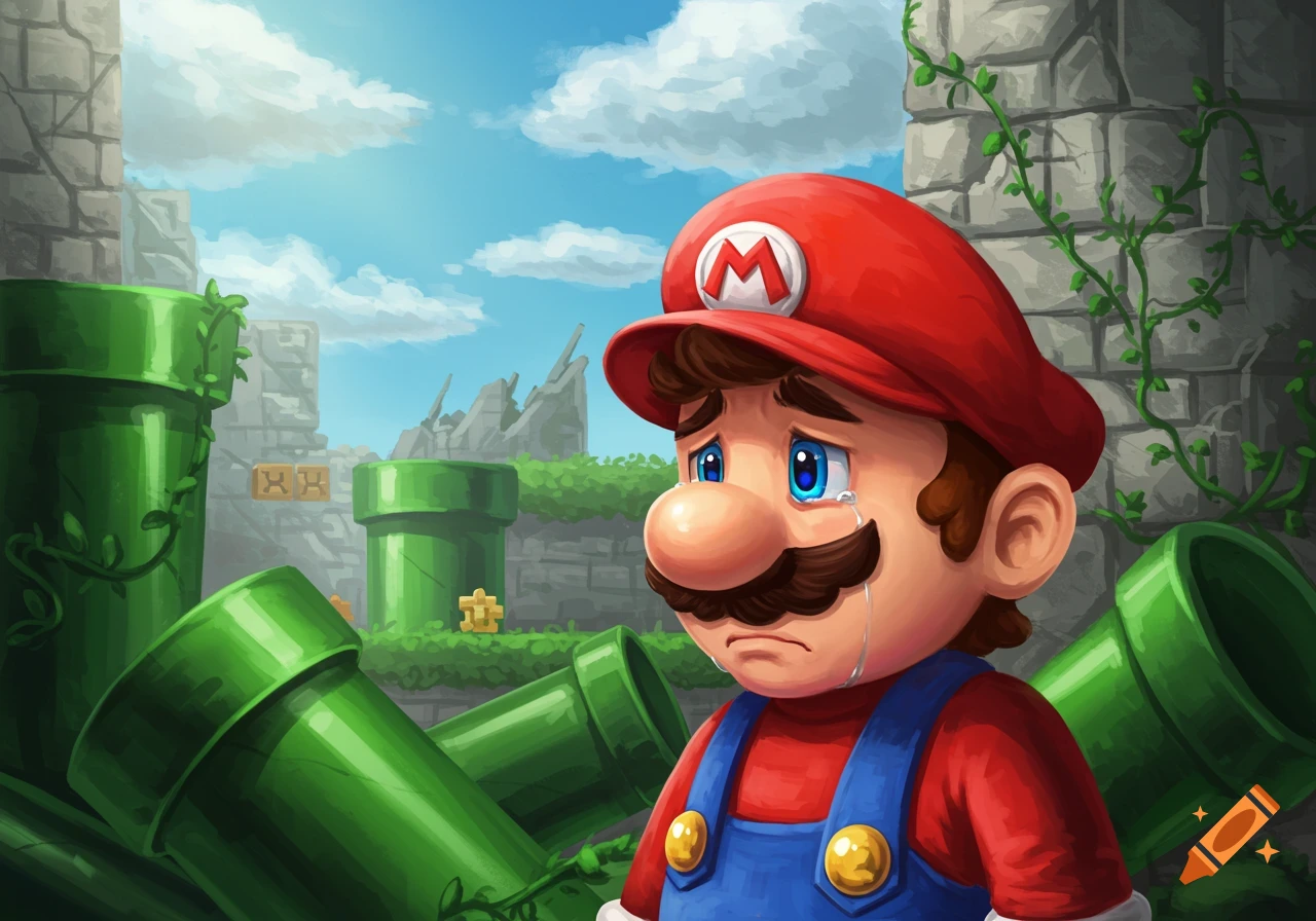 Sad Mario cries in a fantasy video game landscape with green pipes and stone ruins under a bright sky, in a digital art style.