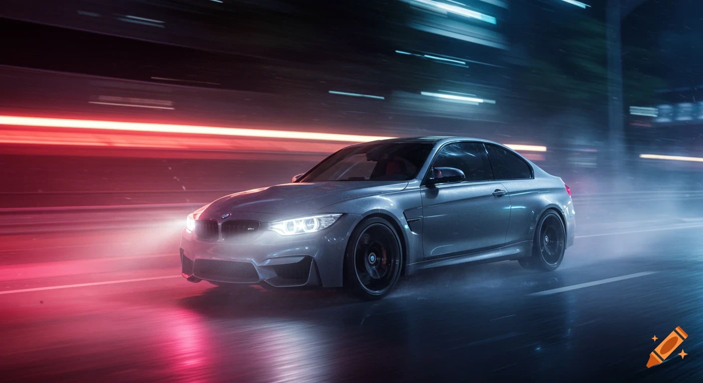 A grey BMW M4 drives at night in a tunnel with motion blur from red and blue light trails.