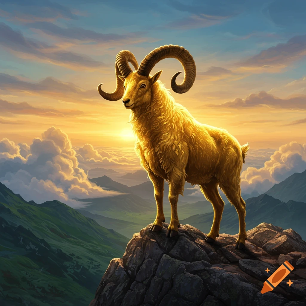 A majestic golden goat with large horns stands atop a rocky mountain peak at sunset, overlooking a vast cloudy landscape.