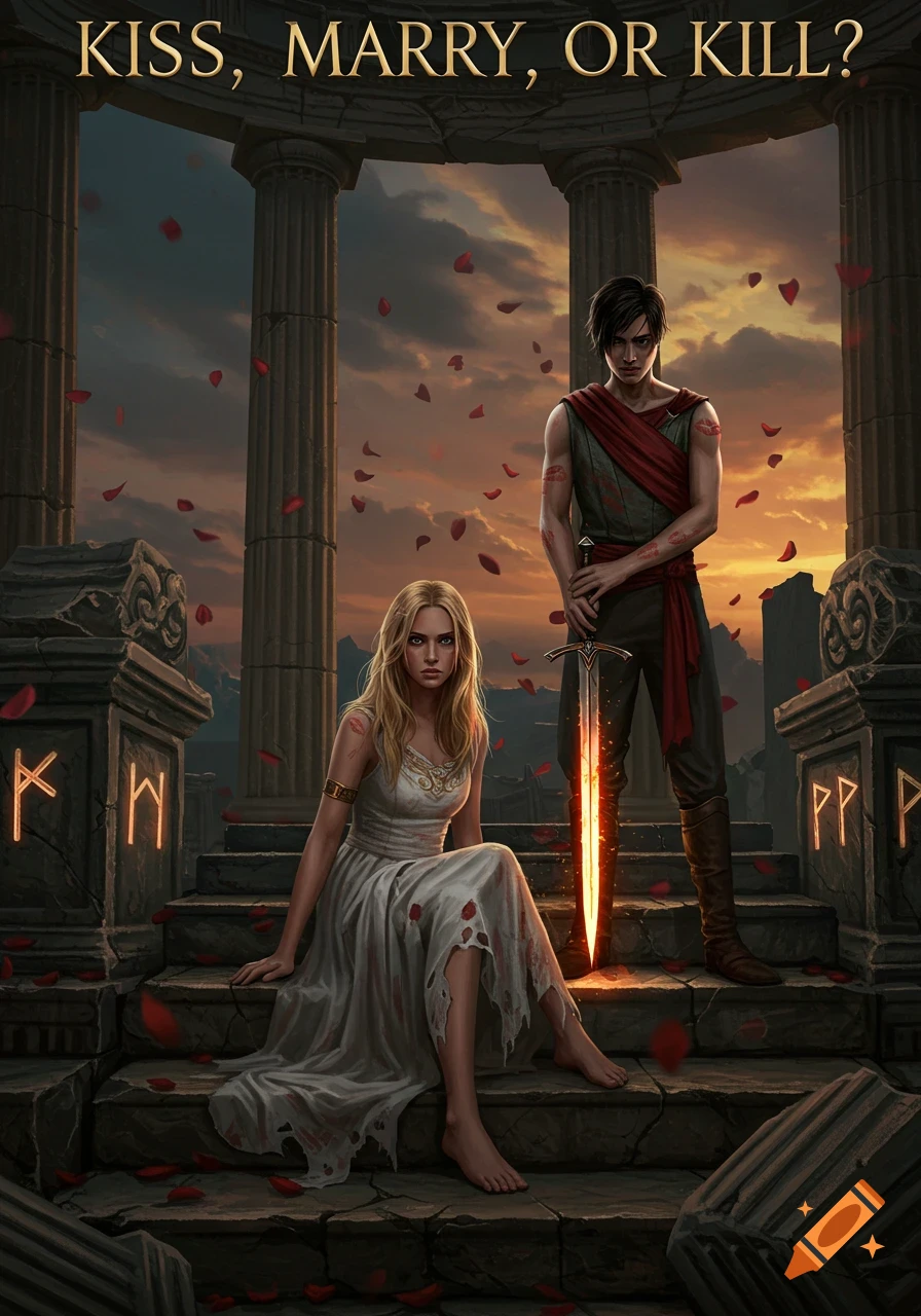 A dramatic digital painting of a woman sitting on ancient steps and a man standing with a glowing sword, under a stormy sky with falling rose petals. Text says 'KISS, MARRY, OR KILL?'