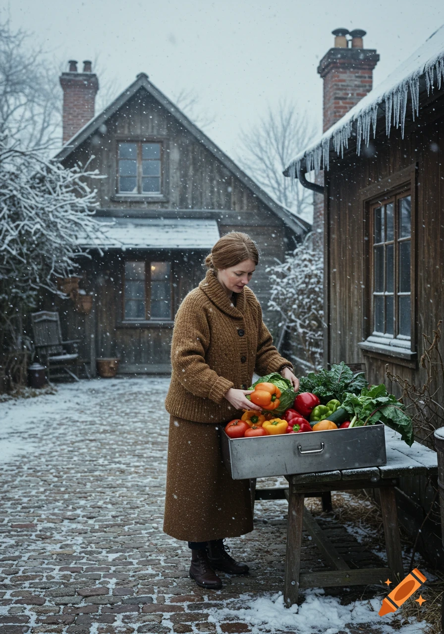Woman in winter clothes sorts vegetables in a metal box outdoors on a snowy day, a rustic house in the background.