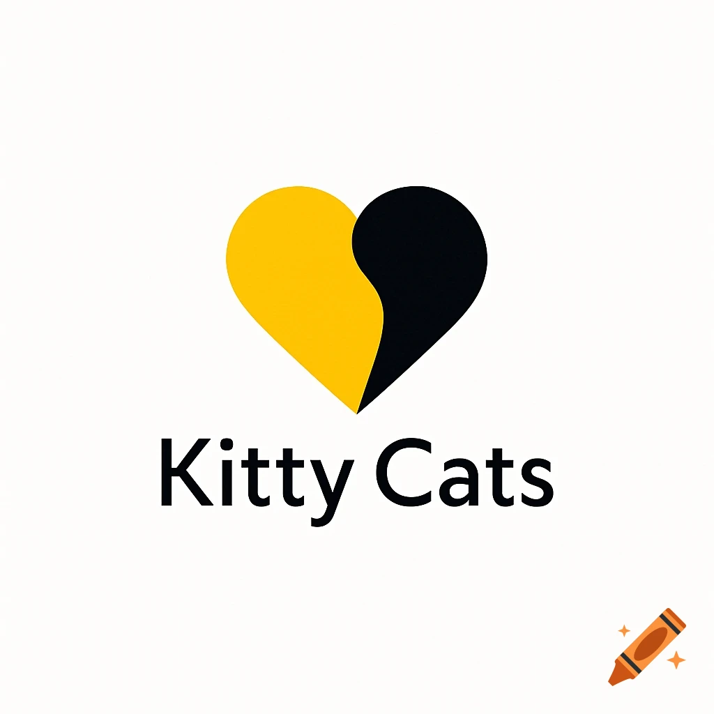 A minimalist logo featuring a heart shape split into yellow and black, with the words 'Kitty Cats' below on a white background.
