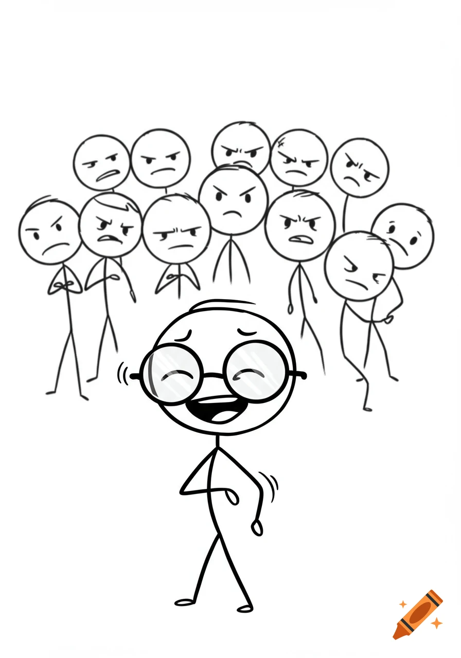 A cartoon drawing of a stick figure wearing glasses laughing joyfully in front of a crowd of angry stick figures.