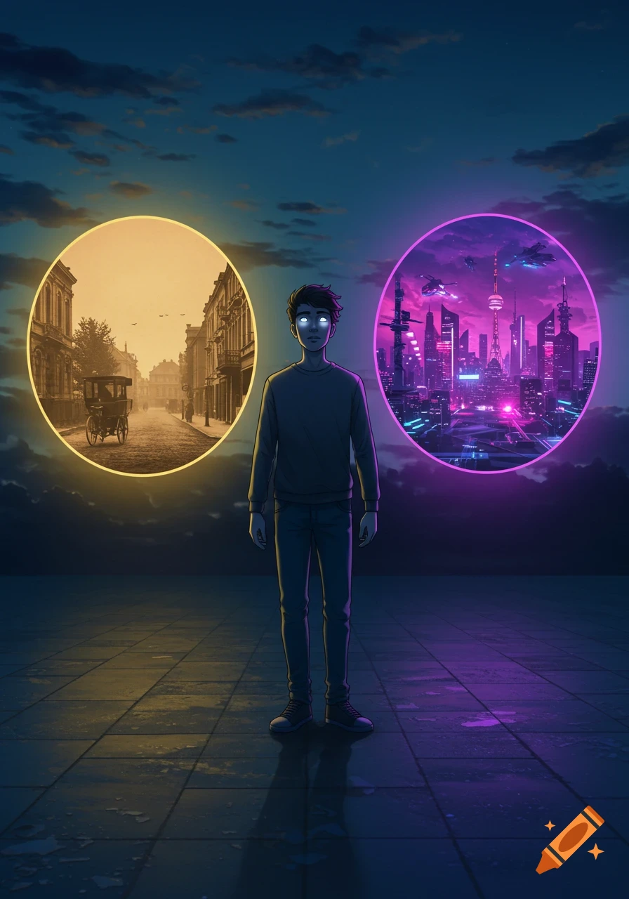 Animated illustration of a young man at twilight contemplating a sepia past city portal and a neon futuristic city portal.