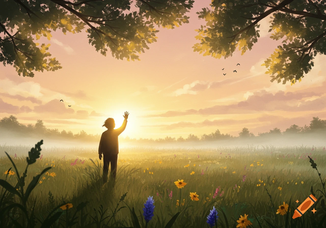 A silhouette of a person raising an arm in a field of wildflowers at sunrise under a pink and orange sky, with trees framing the top.