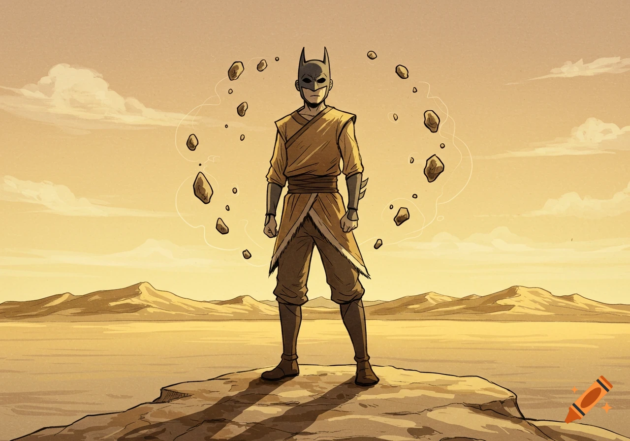 A hand-drawn illustration of an earthbender wearing a Batman mask, surrounded by floating rocks in a desert landscape.