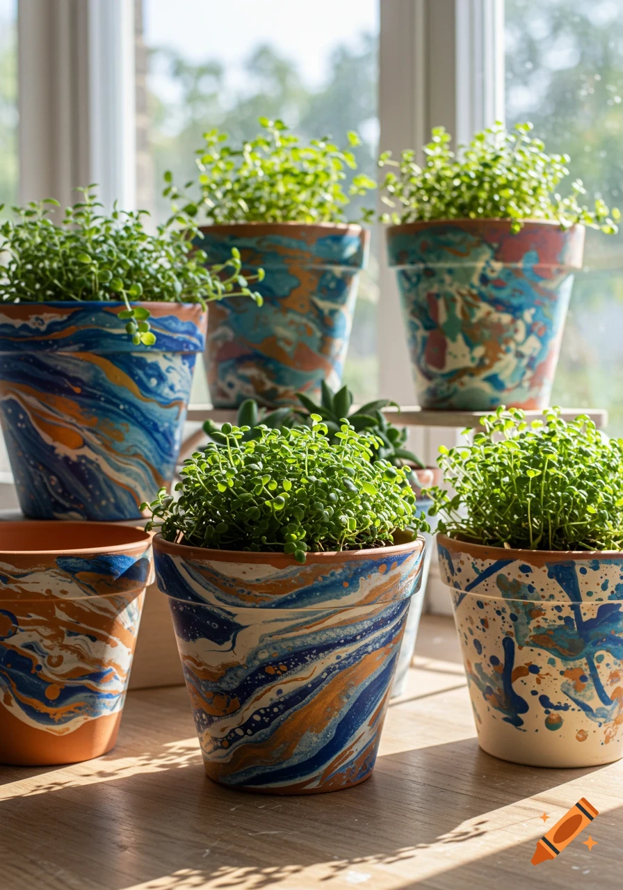 Close-up of several green potted plants in marbled blue and orange terra cotta pots on a wooden surface near a window, photorealistic style.