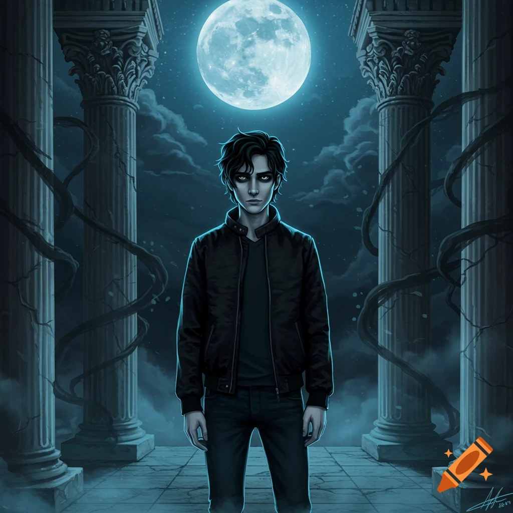 A dark-haired, pale young man in a black jacket stands between two large stone columns under a bright full moon and cloudy night sky.