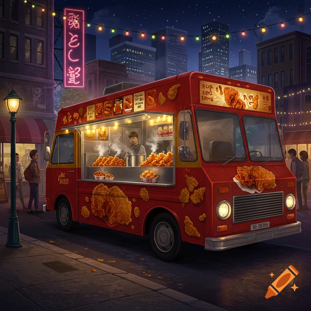A red fried chicken food truck parked on a city street at night, illuminated by string lights and a neon sign. A vendor serves customers from inside the truck.