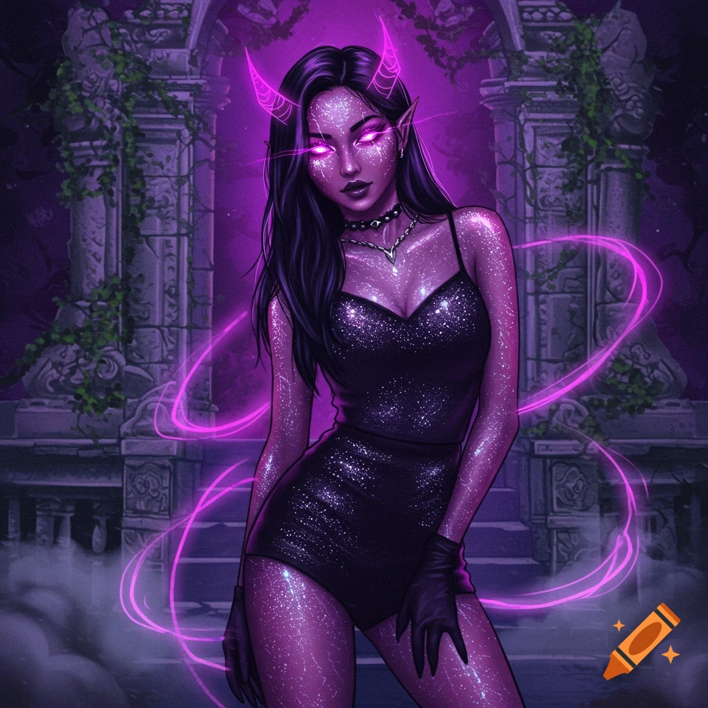 Digital art of a demon woman with glowing purple eyes and horns, wearing a sparkly black outfit amidst ancient ruins.