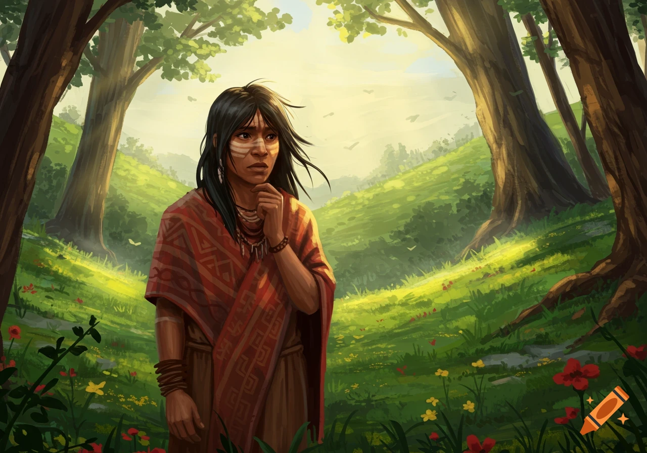An indigenous person with face paint and a patterned red wrap stands in a sunlit green forest with trees and flowers, looking pensive. Digital art.