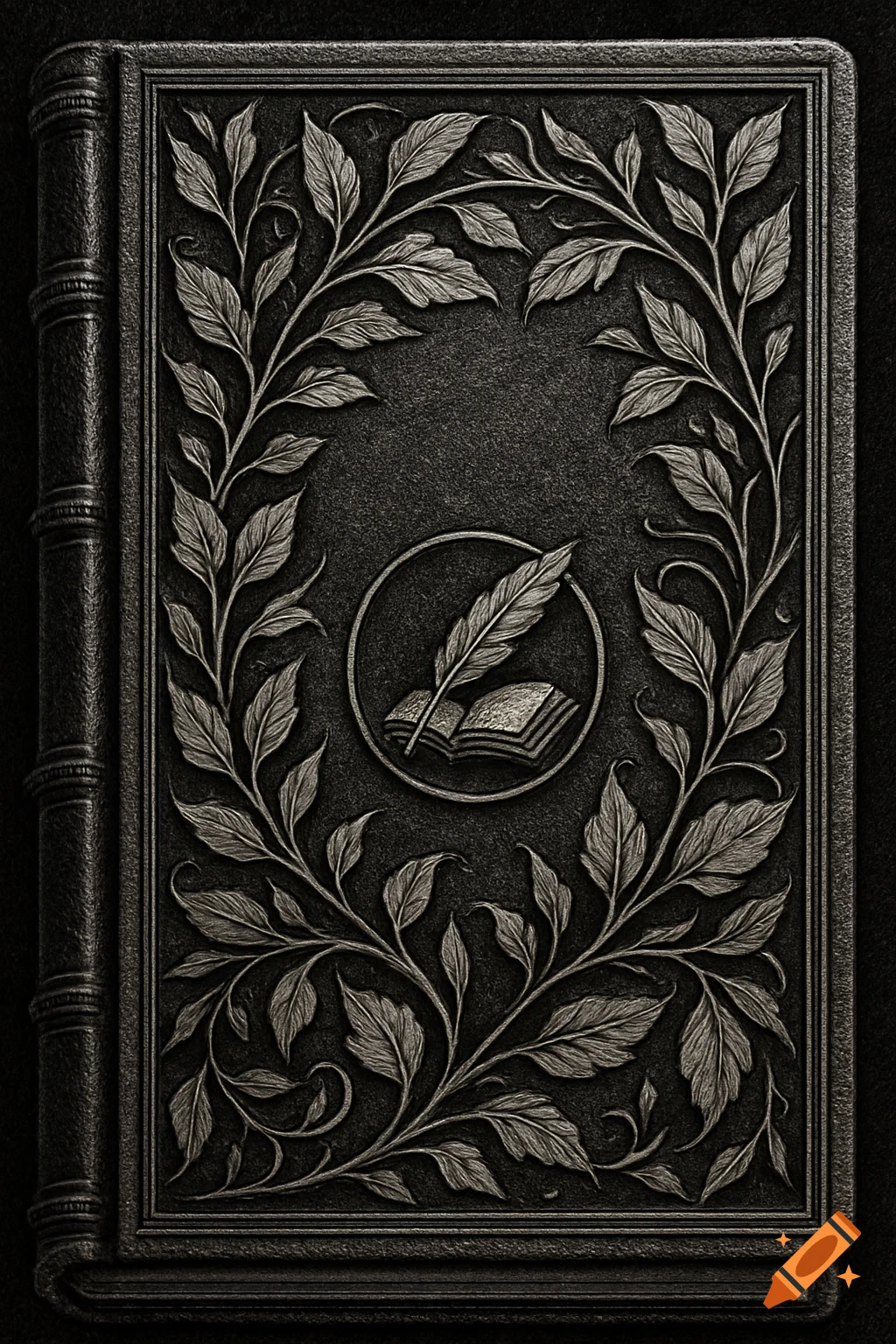 A black and white illustration of an old-fashioned book cover with embossed leaves and vines, and a central emblem of a quill and open book.