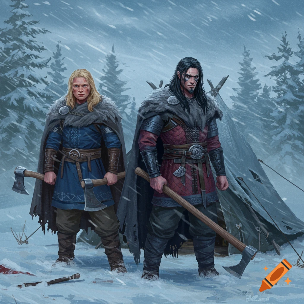 Two imposing Viking-like warriors, one with blonde hair and one with black, stand in a snowy forest holding axes next to a tent.