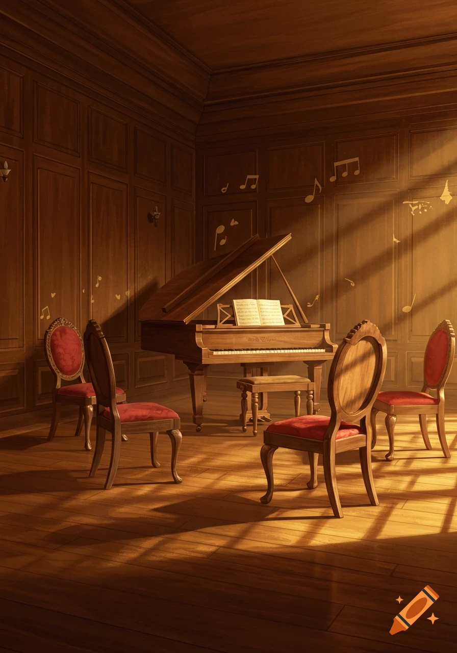 A sunlit wooden room with a grand piano in the center and four red velvet chairs surrounding it, with musical notes floating around.