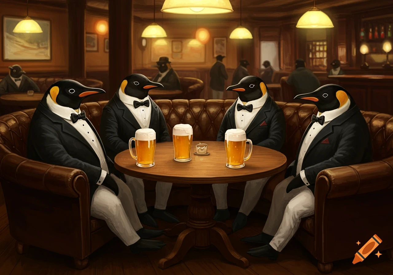 Four penguins in tuxedos sit around a wooden table in a dimly lit pub, each with a mug of beer.