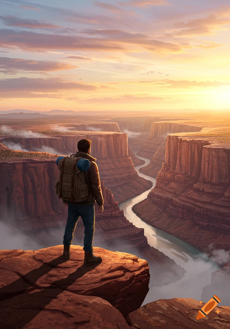 A lone traveler stands on a cliff overlooking a vast canyon with a winding river at sunset.