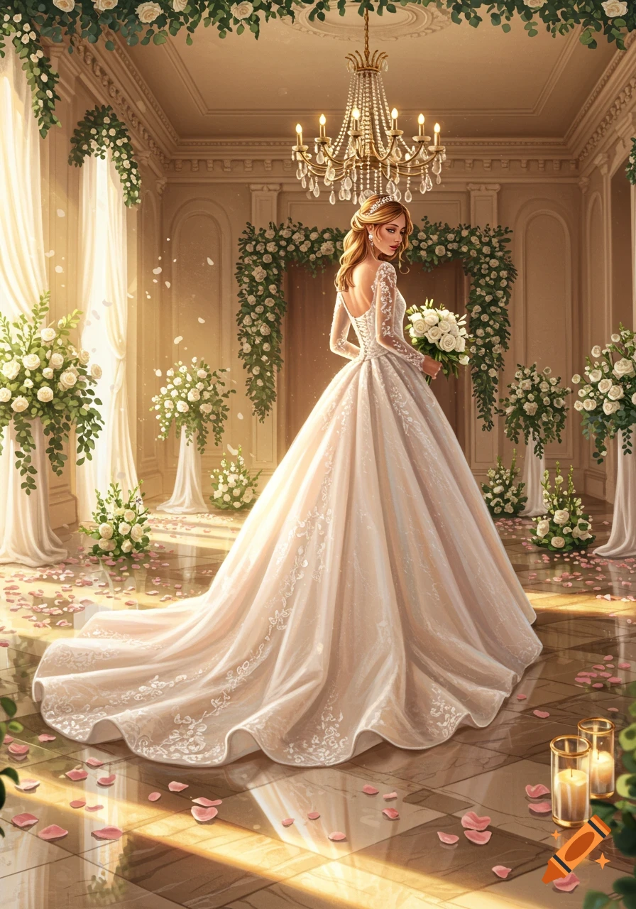 A bride in a long white wedding dress with a train, holding a white bouquet, stands in a grand room adorned with flowers and rose petals.