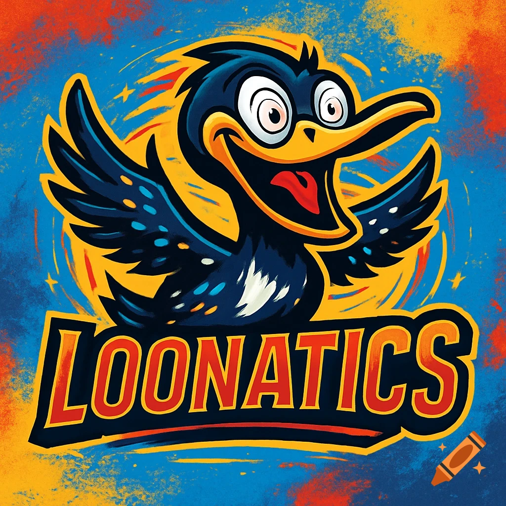 A vibrant, crazy-looking cartoon loon bird in a sports logo style with the word "LOONATICS" in bold red and yellow letters below it, against a blue and orange splatter background.