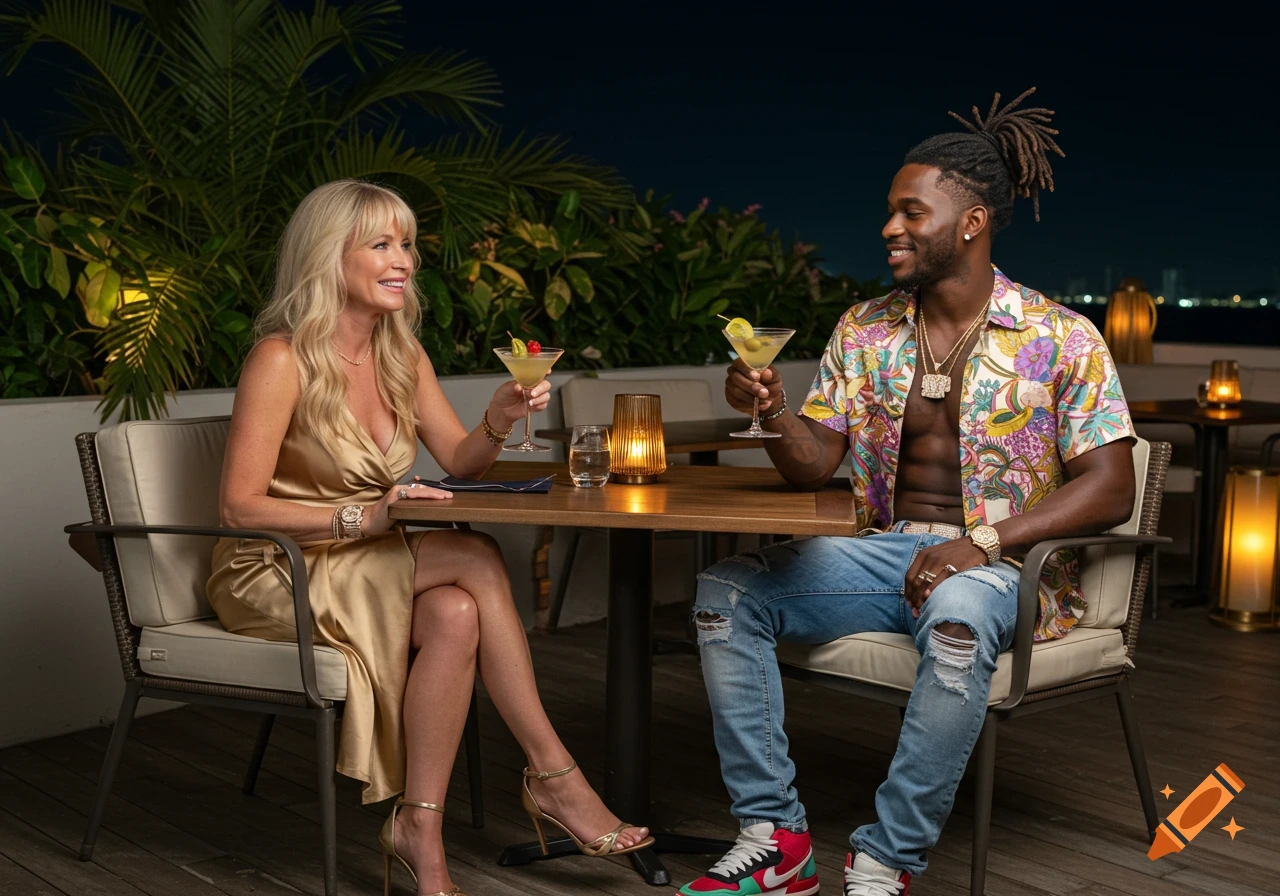 A smiling blonde woman and a Black man in a colorful shirt toast martinis at an outdoor restaurant at night.