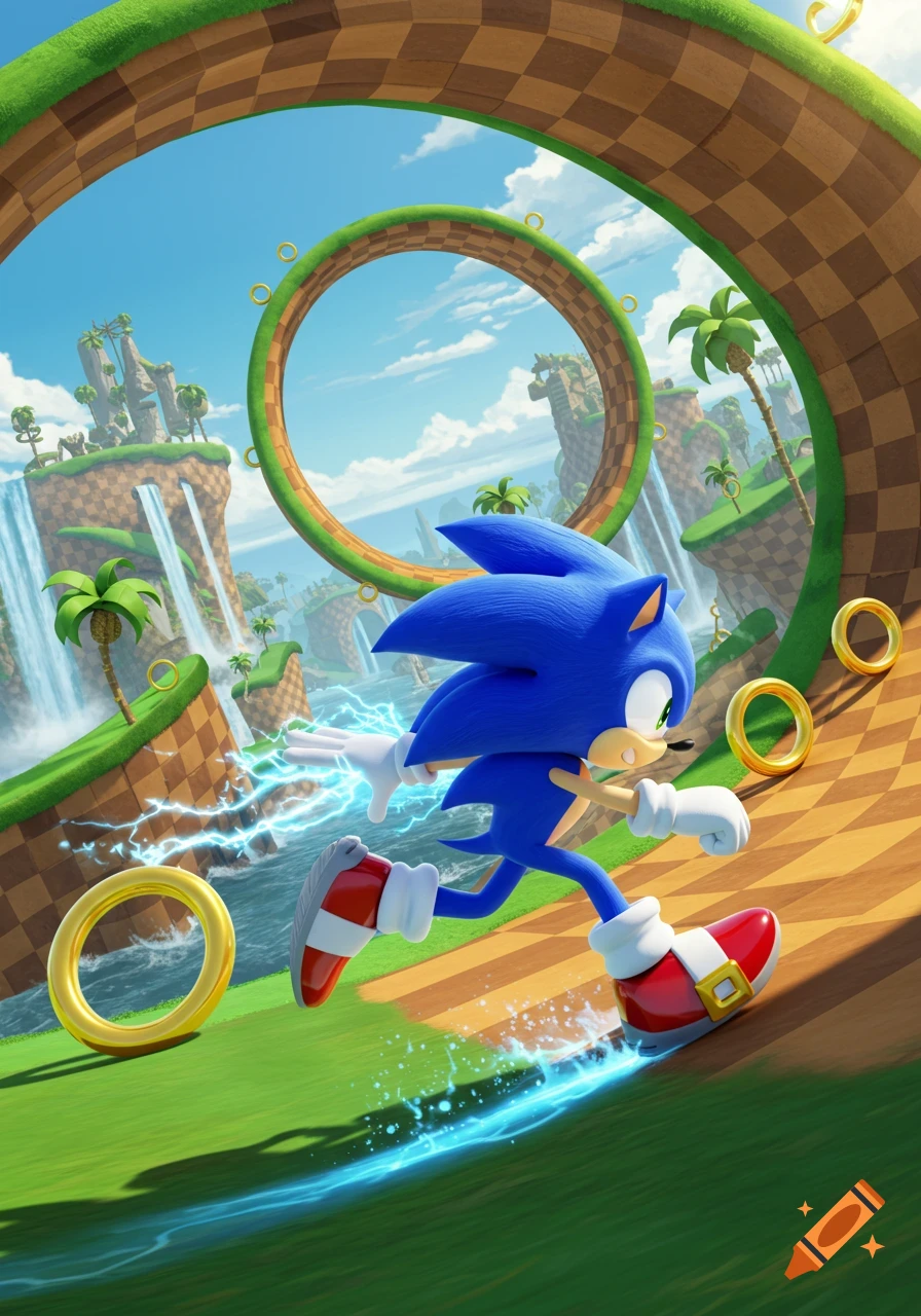 Sonic the Hedgehog runs fast on a green checkered hill with electricity, golden rings, waterfalls, and loops in a vibrant cartoon style.