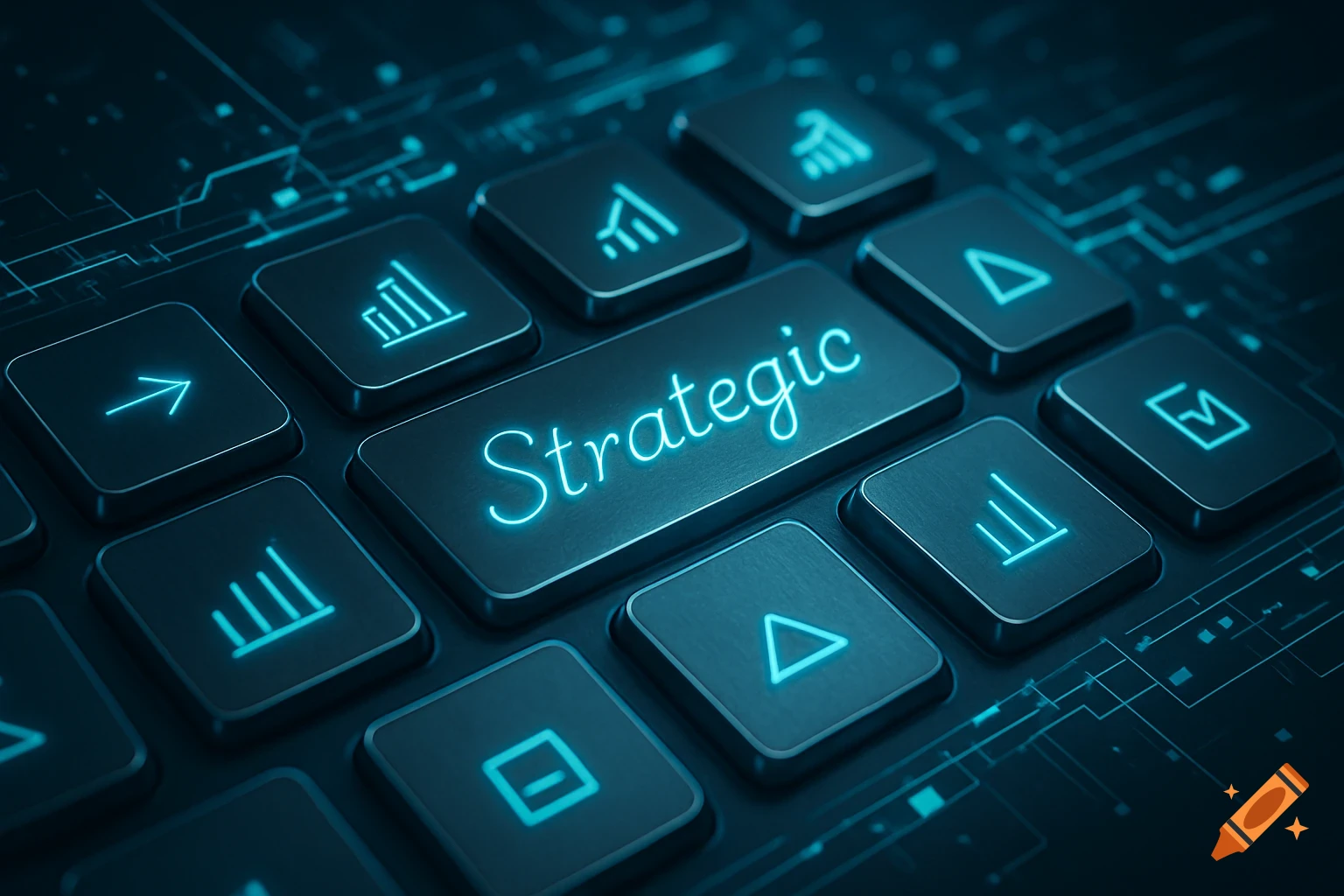 A close-up of a dark, futuristic keyboard with glowing blue keys. The central key highlights the word "Strategic".