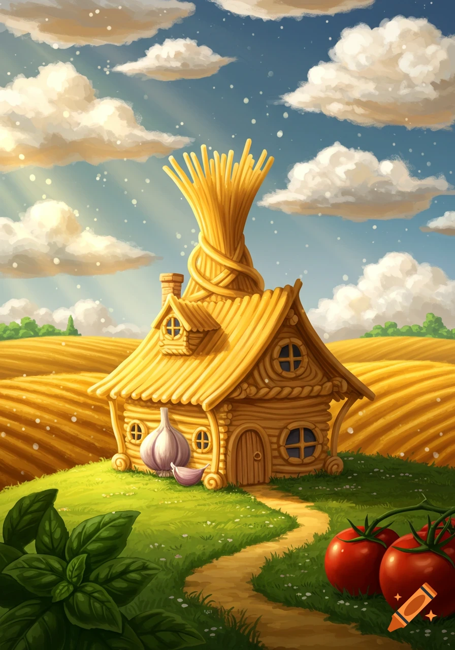 A whimsical illustration of a house made of spaghetti and noodles on a green hill, surrounded by golden fields under a cloudy sky, with garlic, tomatoes, and basil in the foreground.