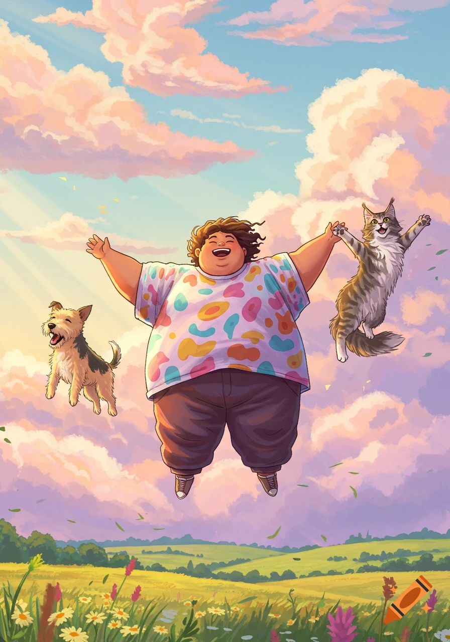 A joyful person with a dog and cat floats in a vibrant, cloudy sky above a flowery green field.