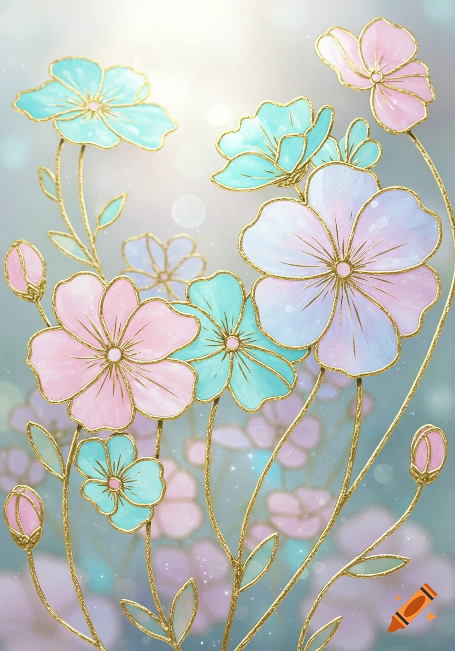 Dreamy stained-glass style flowers in pearlescent pink and turquoise, outlined with gleaming gold lines, bathed in soft light.