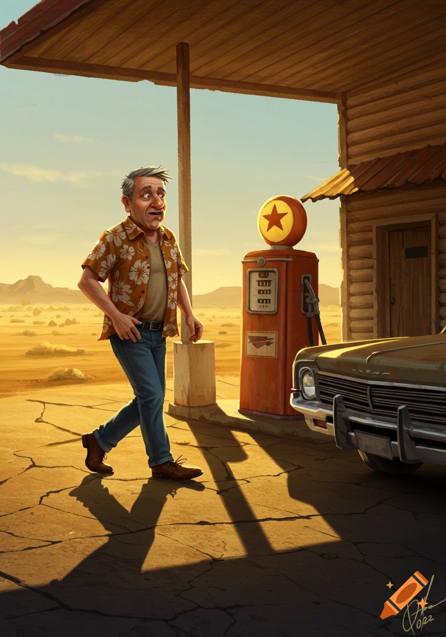 A man in a floral shirt walks past an old-fashioned gas pump in a sunny desert landscape, with a vintage car visible.