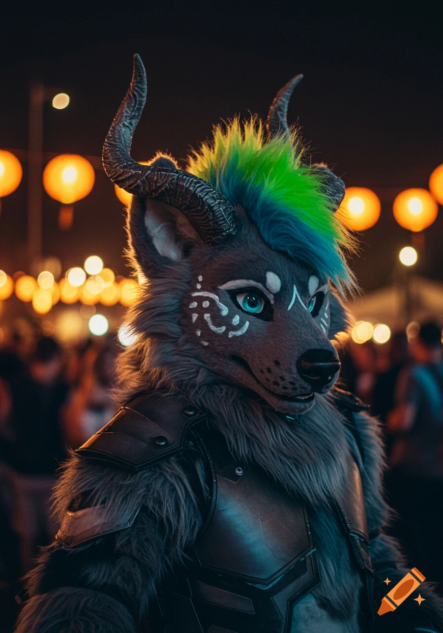 A photorealistic close-up of a wolf fursuit with horns, a green and blue mohawk, and armor, set against a blurry night background with orange lights.