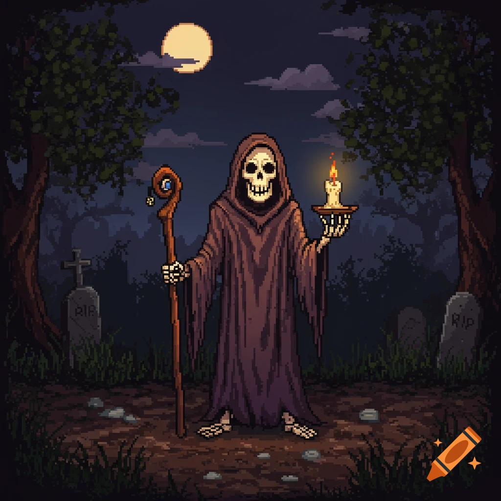 Pixel art of a skeleton in a robe holding a staff and a candle, standing in a graveyard under a full moon.