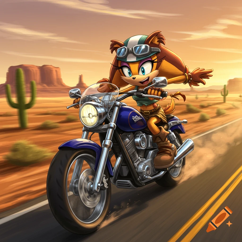 Sticks the Badger rides a blue motorcycle through a desert landscape with cacti.