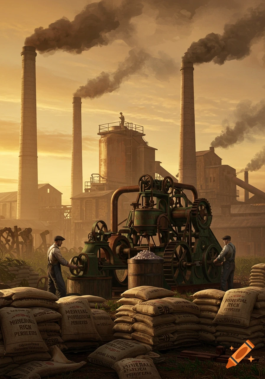 1900s industrial scene with smoking factory chimneys, workers operating large machinery, and stacks of burlap sacks under an orange sky.