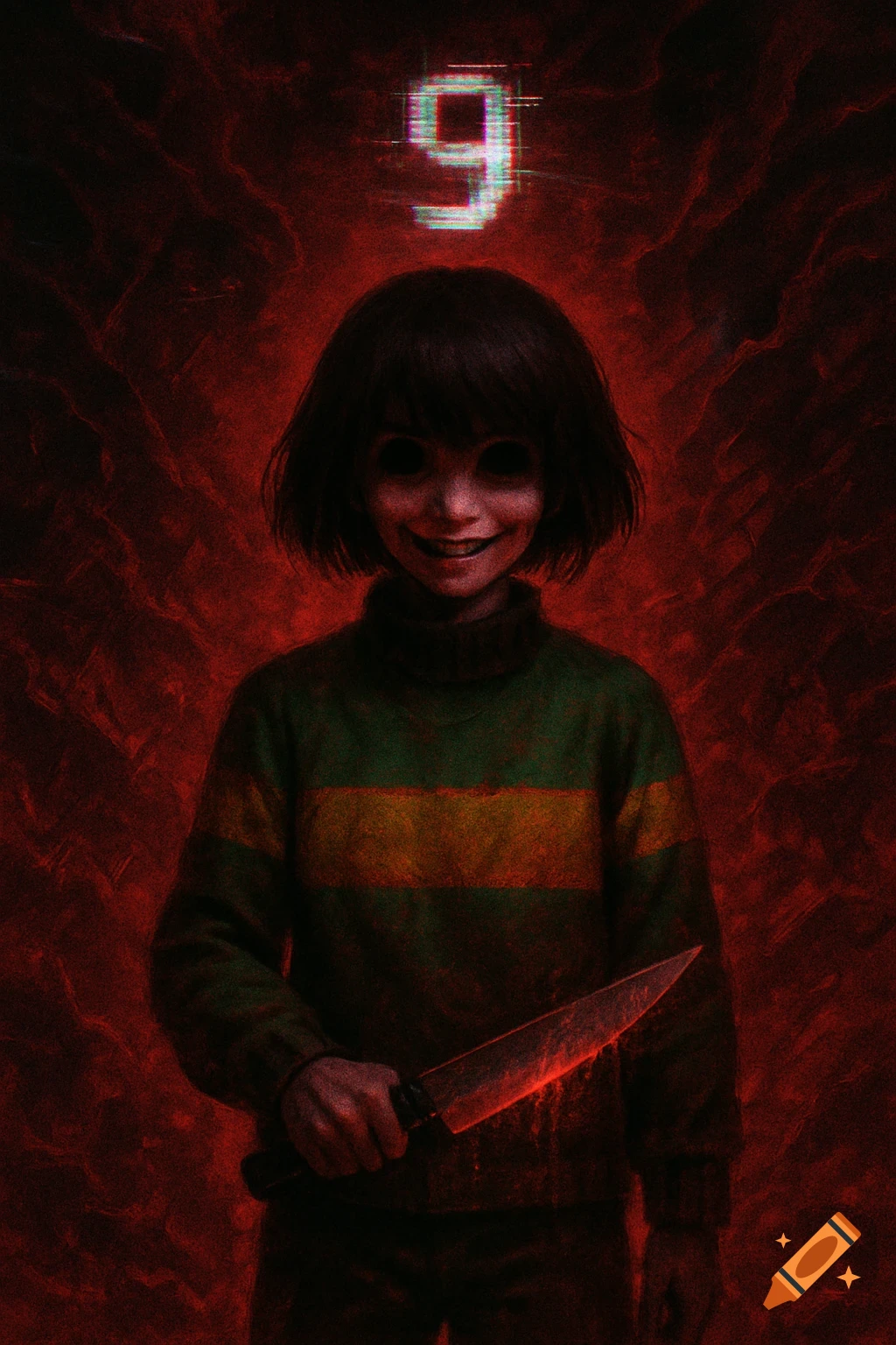 A creepy fan art illustration of Chara from Undertale, with hollow black eyes and a sinister smile, holding a bloodied knife against a dark red, menacing background, with a glitchy number 9 floating above their head.