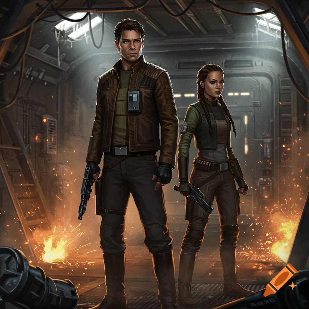 Two sci-fi characters, a man and a woman in rugged outfits, stand in a sparking industrial hangar, holding blasters. Digital art.