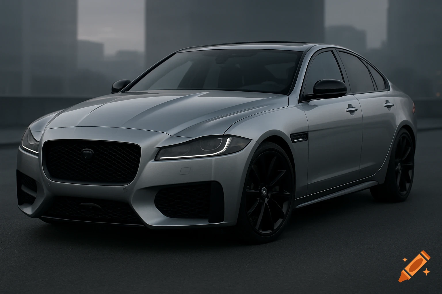 A silver Jaguar XF 2017 sedan with black rims, black windows, and smokey headlights parked in an urban setting.