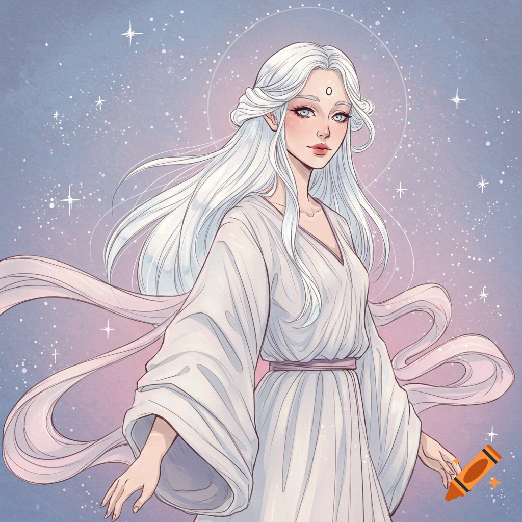 An illustrated fantasy portrait of a white-haired goddess with a third eye emblem, wearing a flowing white dress, against a starry cosmic background.