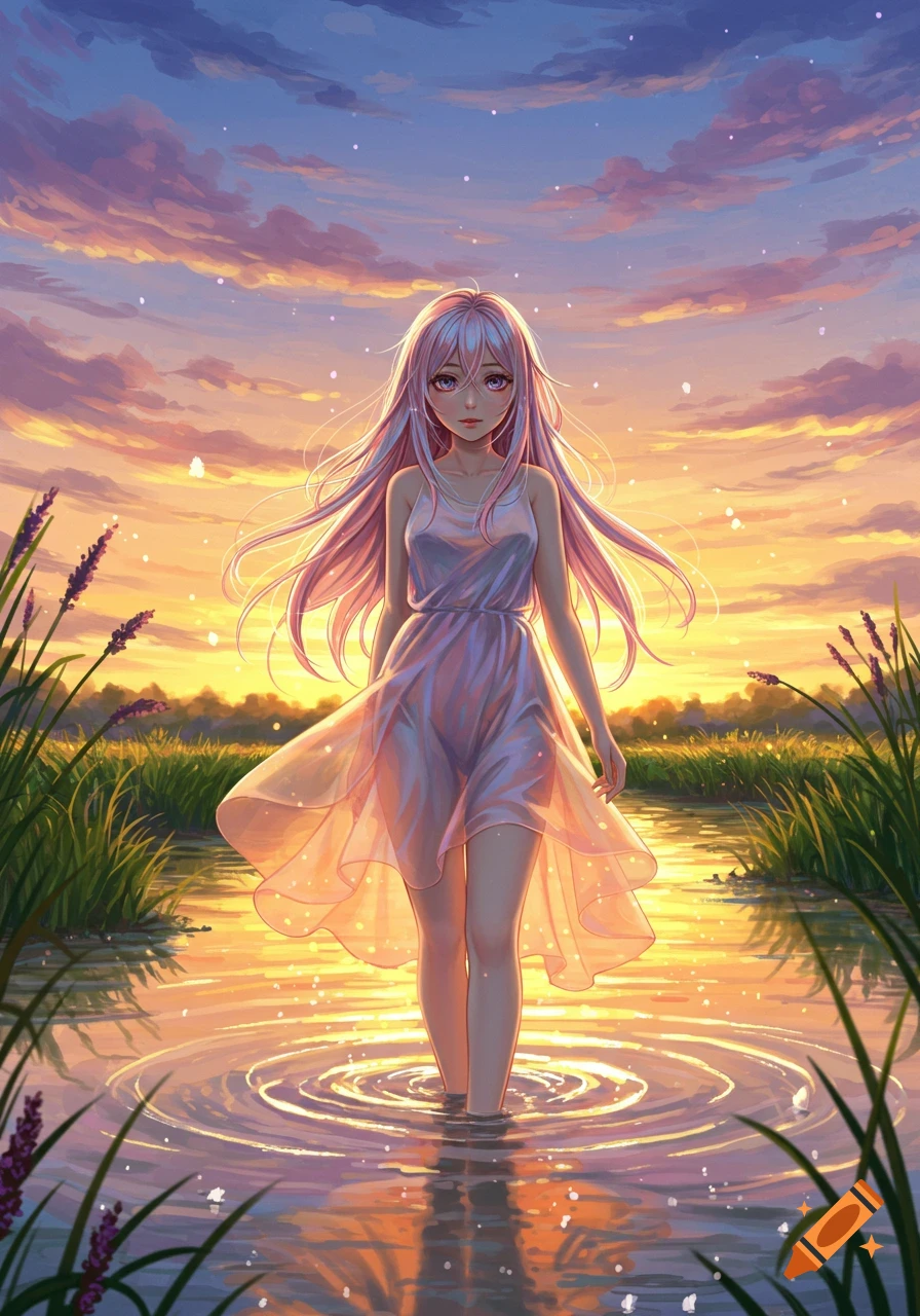 Anime girl with long pink hair standing in a river at sunset, with golden light reflecting on the water.