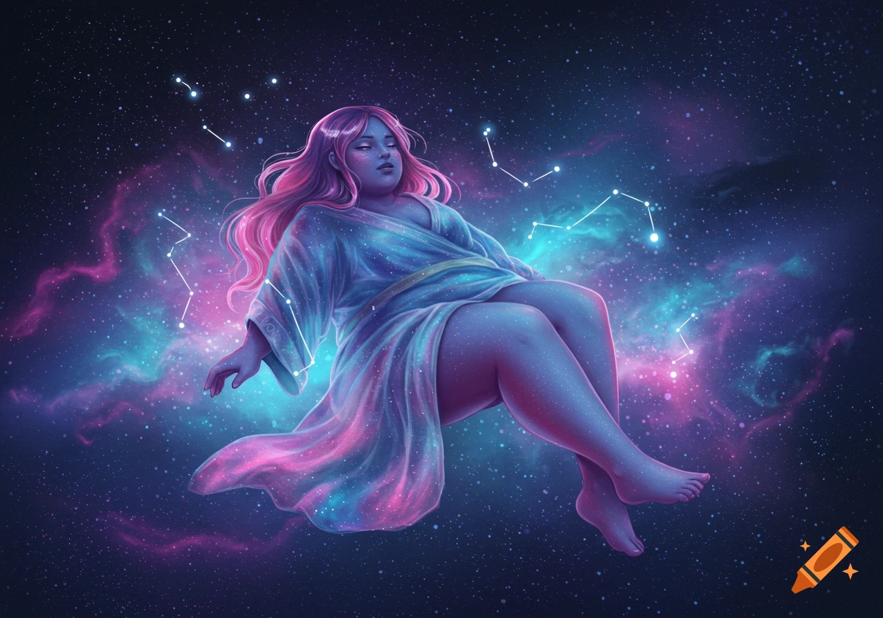 A woman with pink hair and blue skin floats in space, surrounded by stars and nebulae.