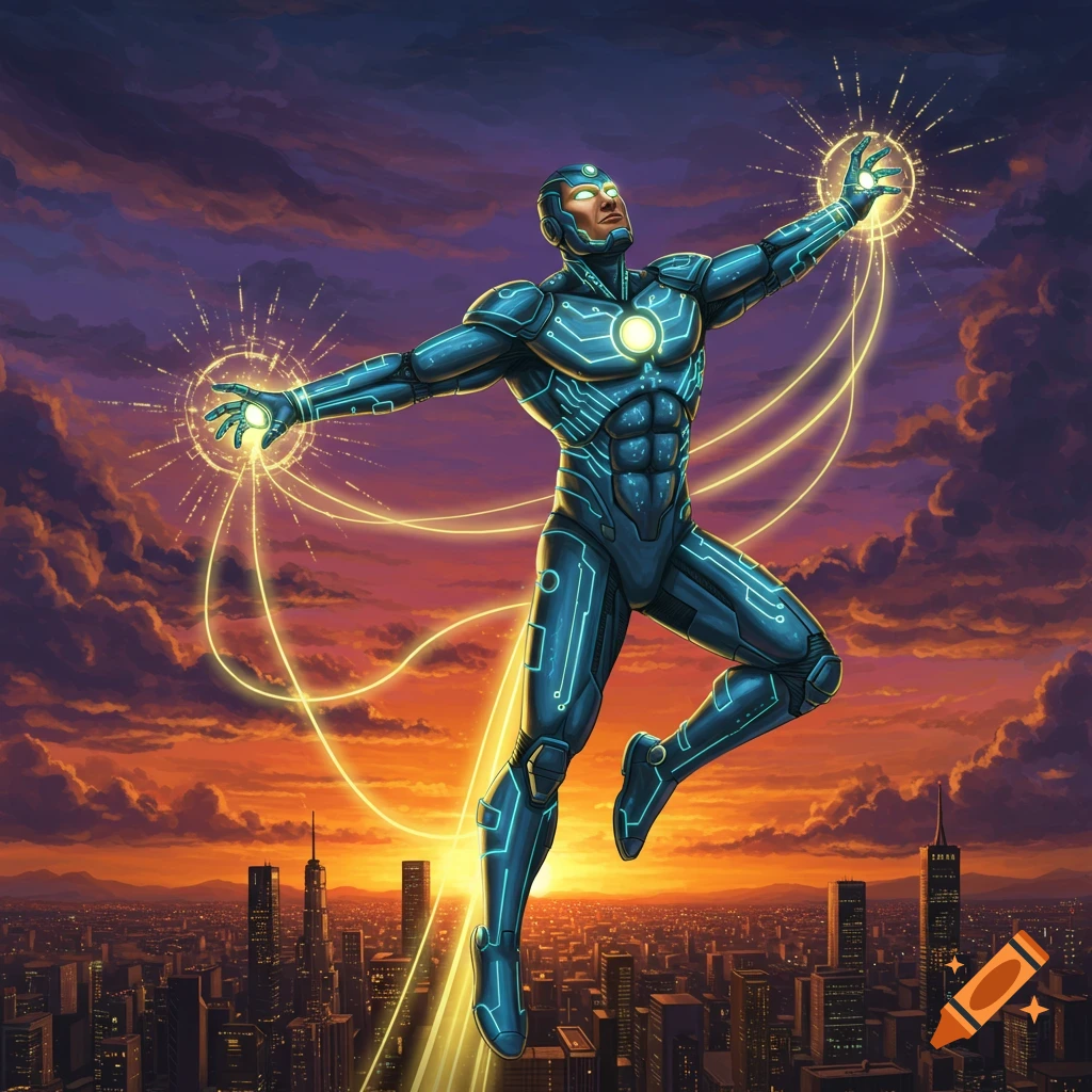 A superhero in a blue and glowing circuit suit hovers above a city skyline at sunset, radiating light from his hands.